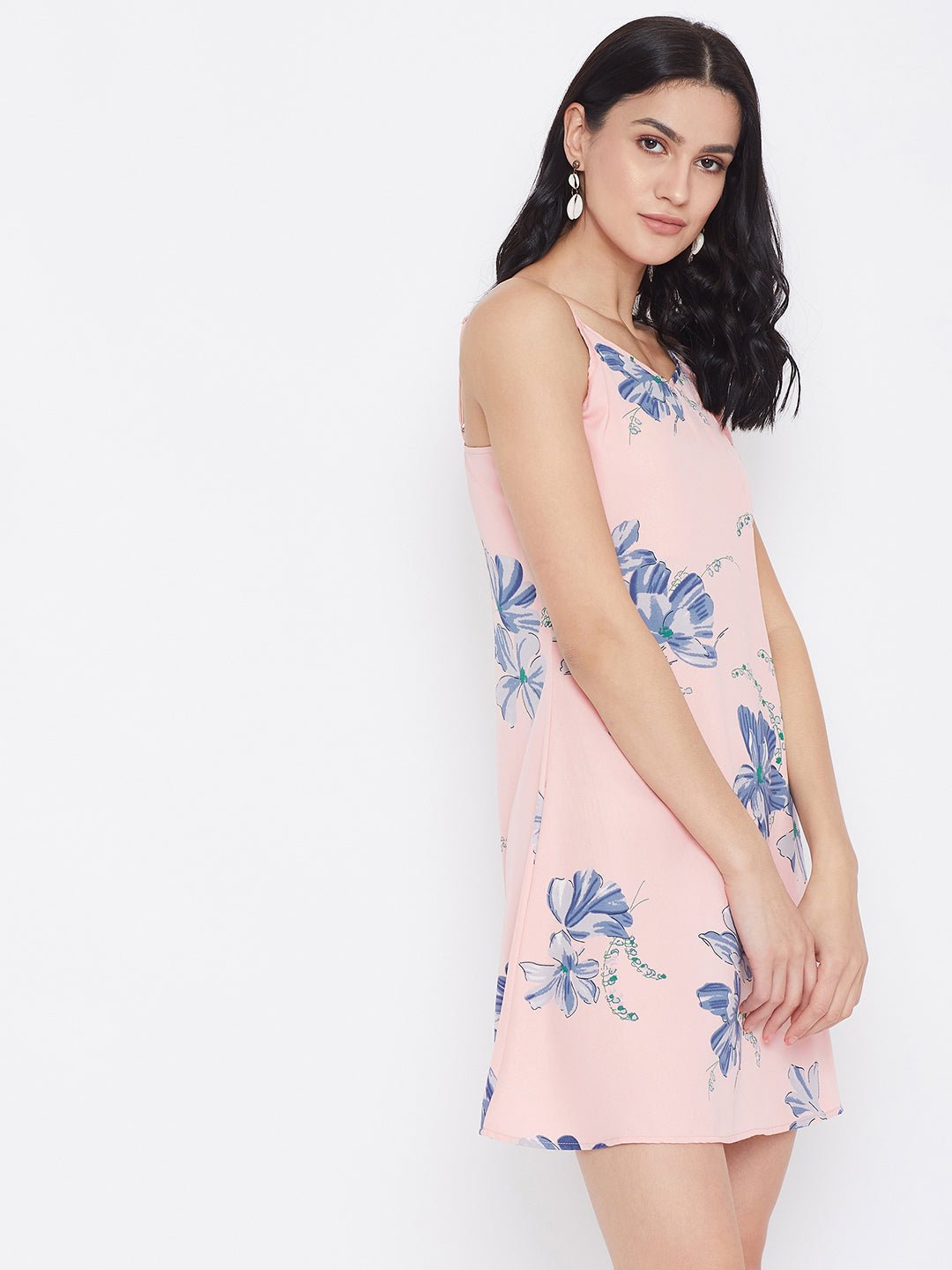 Folk Republic Women Pink & Blue Floral Printed V-Neck Straight Hem A-Line Mini Dress - #folk republic#