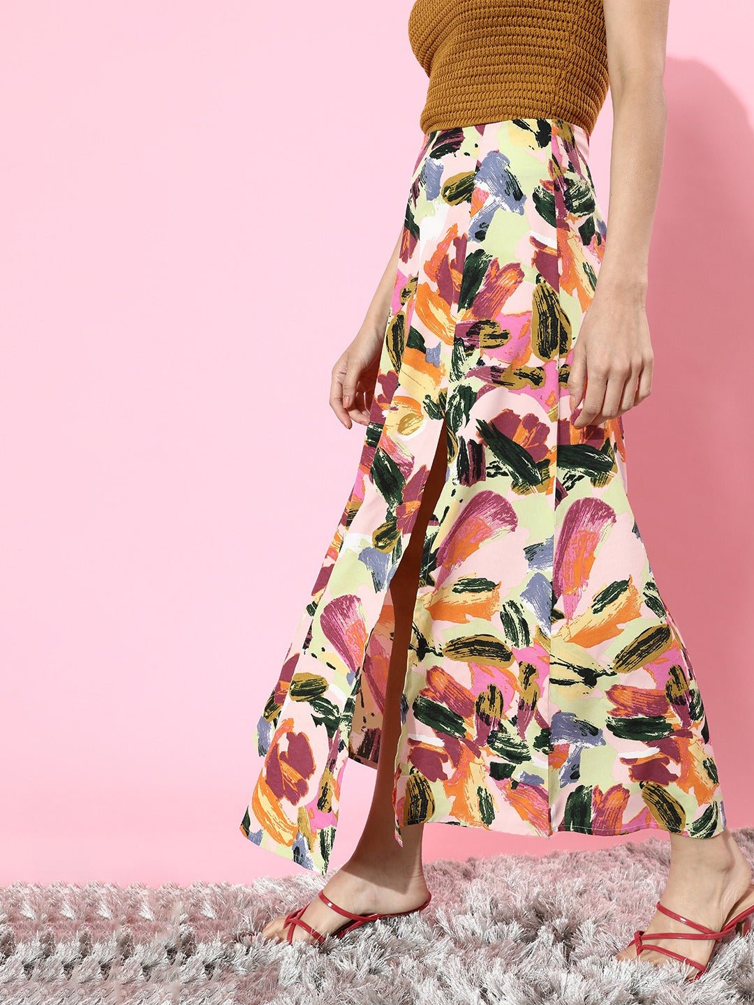 Folk Republic Women Pink Brushstroke Printed Thigh-Slit Midi Skirt - #folk republic#