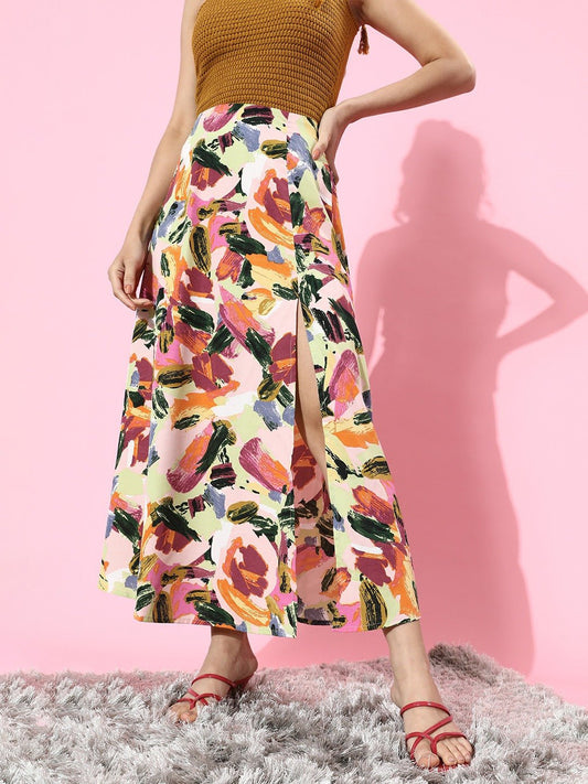 Folk Republic Women Pink Brushstroke Printed Thigh-Slit Midi Skirt - #folk republic#