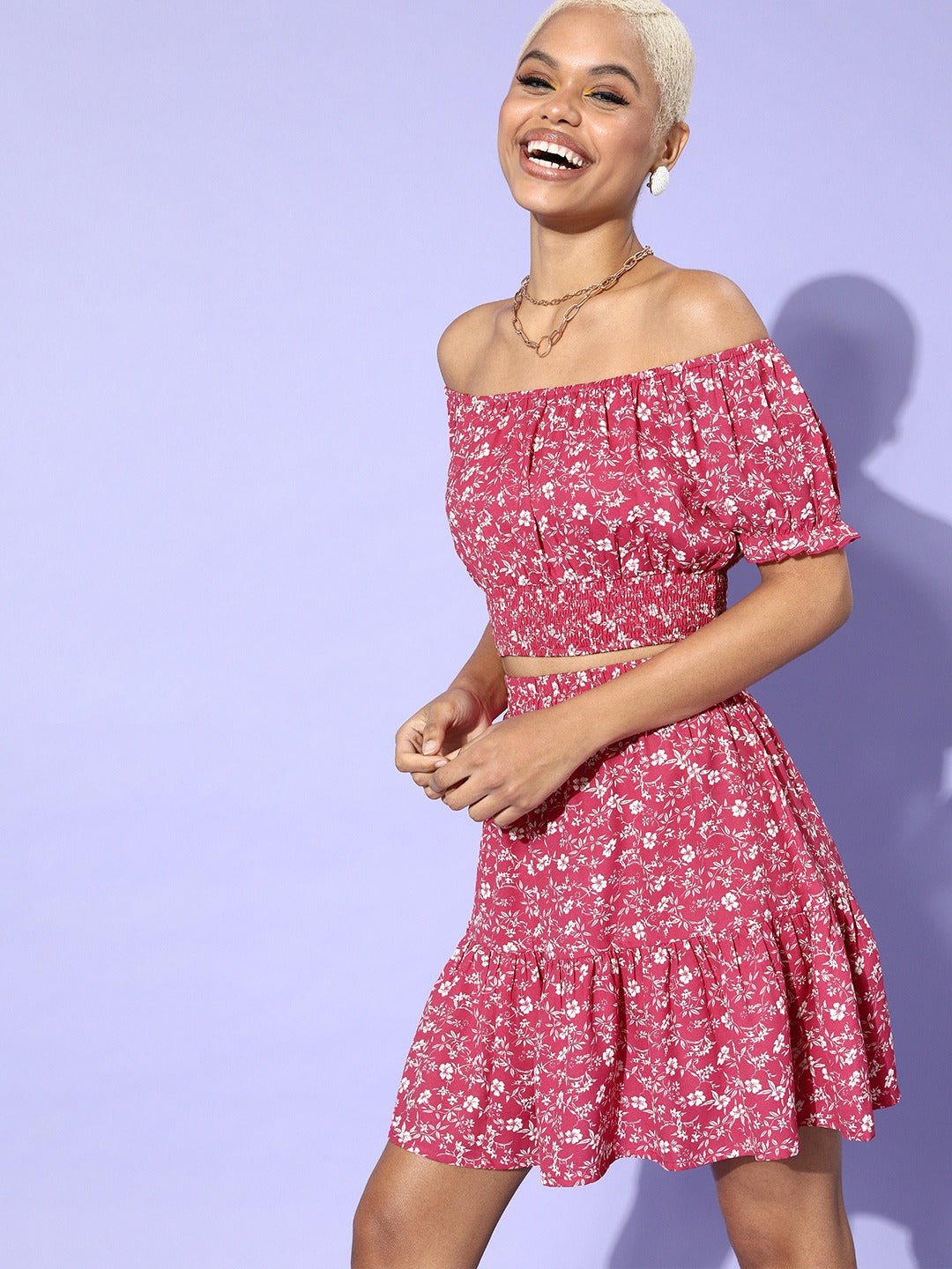Folk Republic Women Pink Floral Floral Off-Shoulder Co-Ordinate Mini Dress - #folk republic#