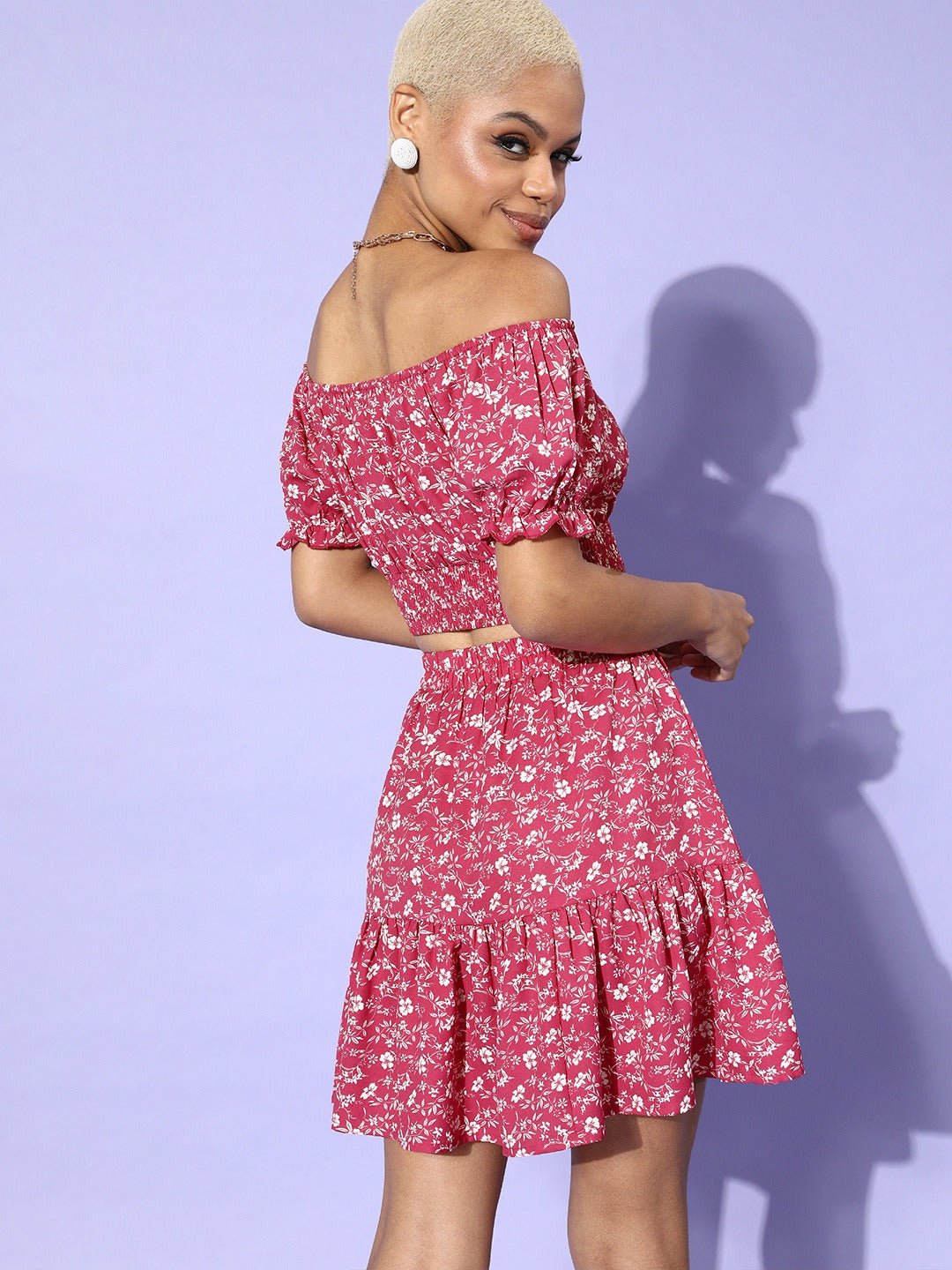 Folk Republic Women Pink Floral Floral Off-Shoulder Co-Ordinate Mini Dress - #folk republic#
