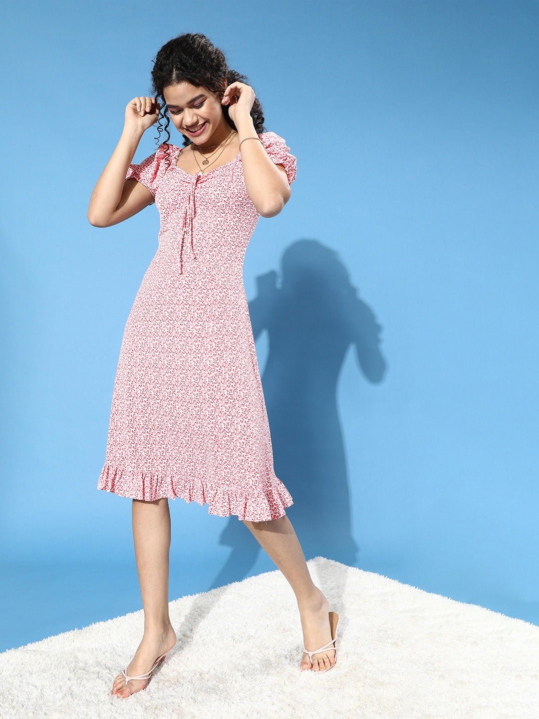 Folk Republic Women Pink Floral Printed Crepe Ruffled A-Line Midi Dress - #folk republic#