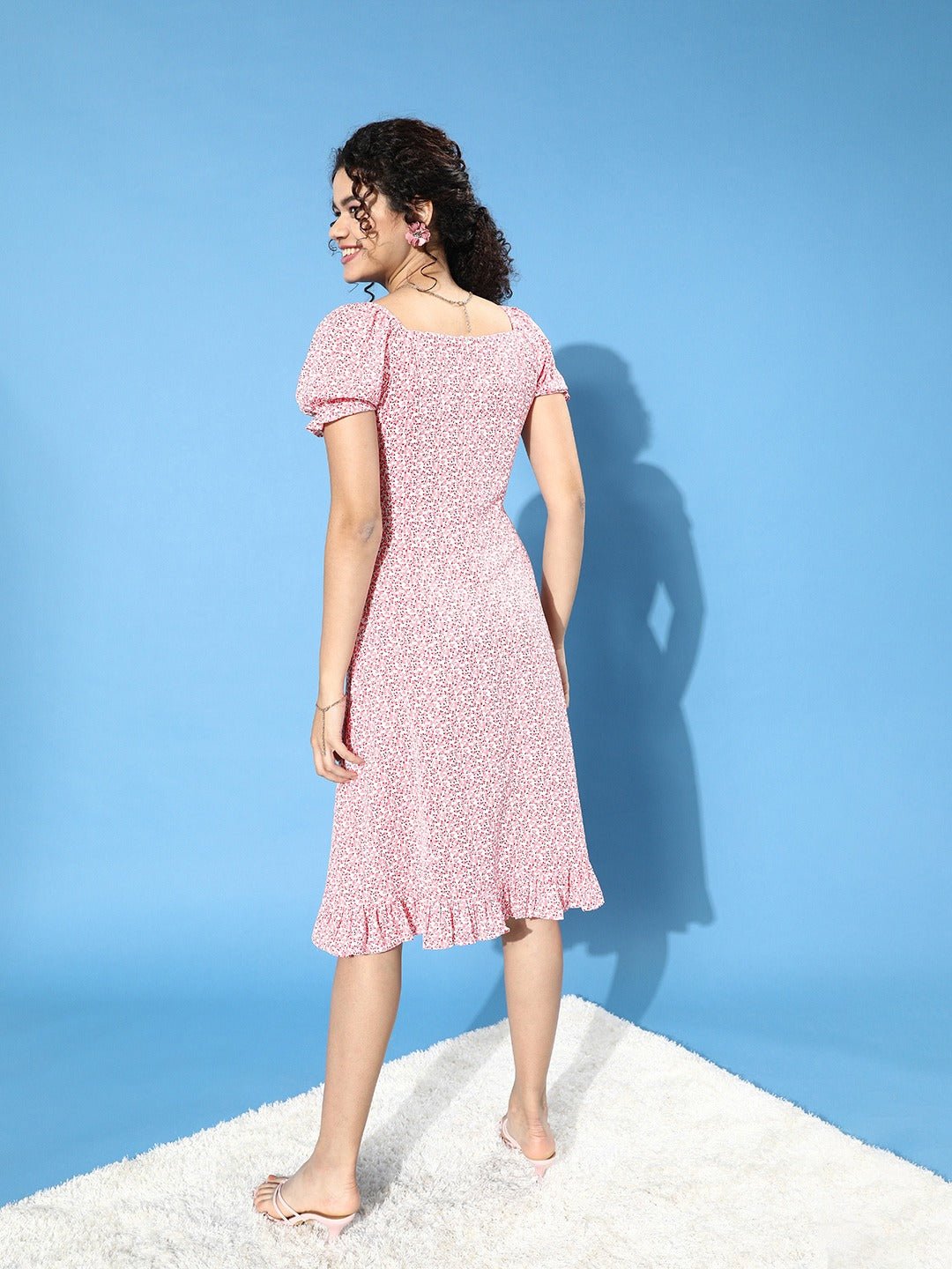 Folk Republic Women Pink Floral Printed Crepe Ruffled A-Line Midi Dress - #folk republic#