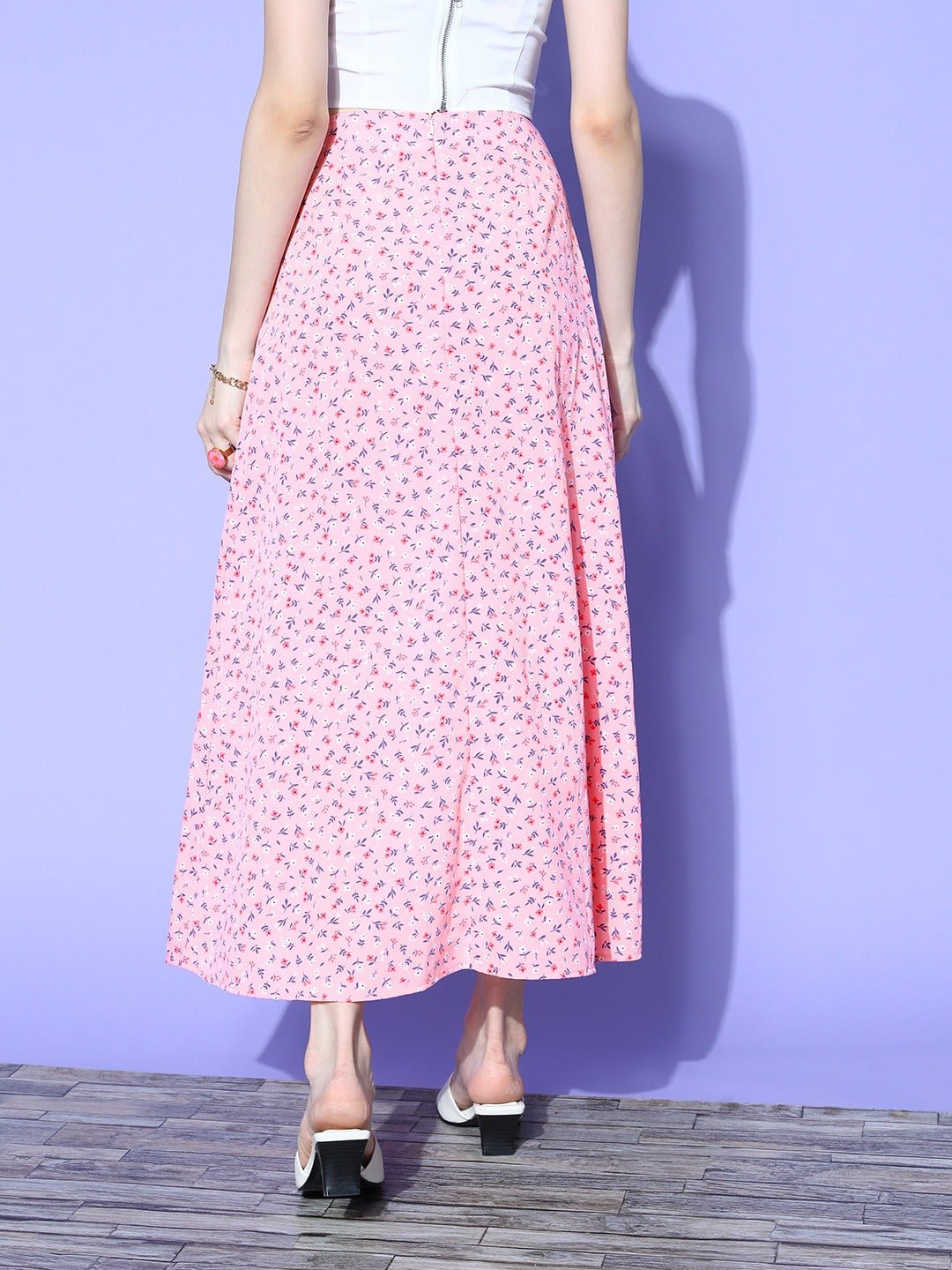 Folk Republic Women Pink Floral Printed High-Rise Waist Side-Slit Flared A-Line Maxi Skirt - #folk republic#