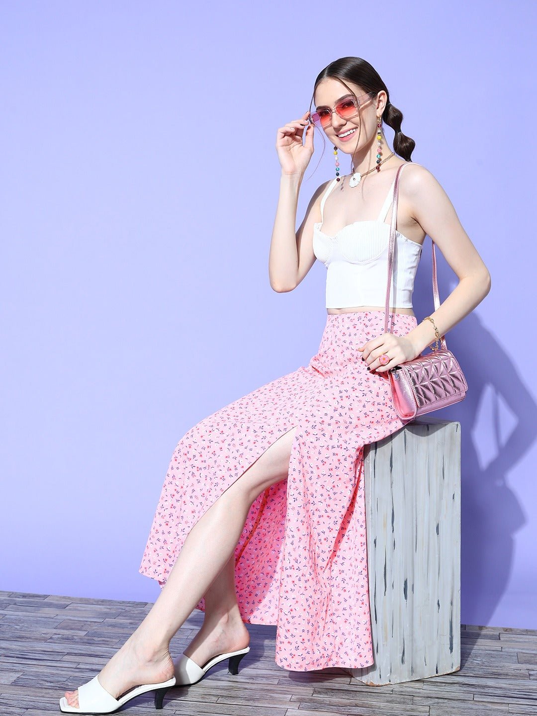 Folk Republic Women Pink Floral Printed High-Rise Waist Side-Slit Flared A-Line Maxi Skirt - #folk republic#