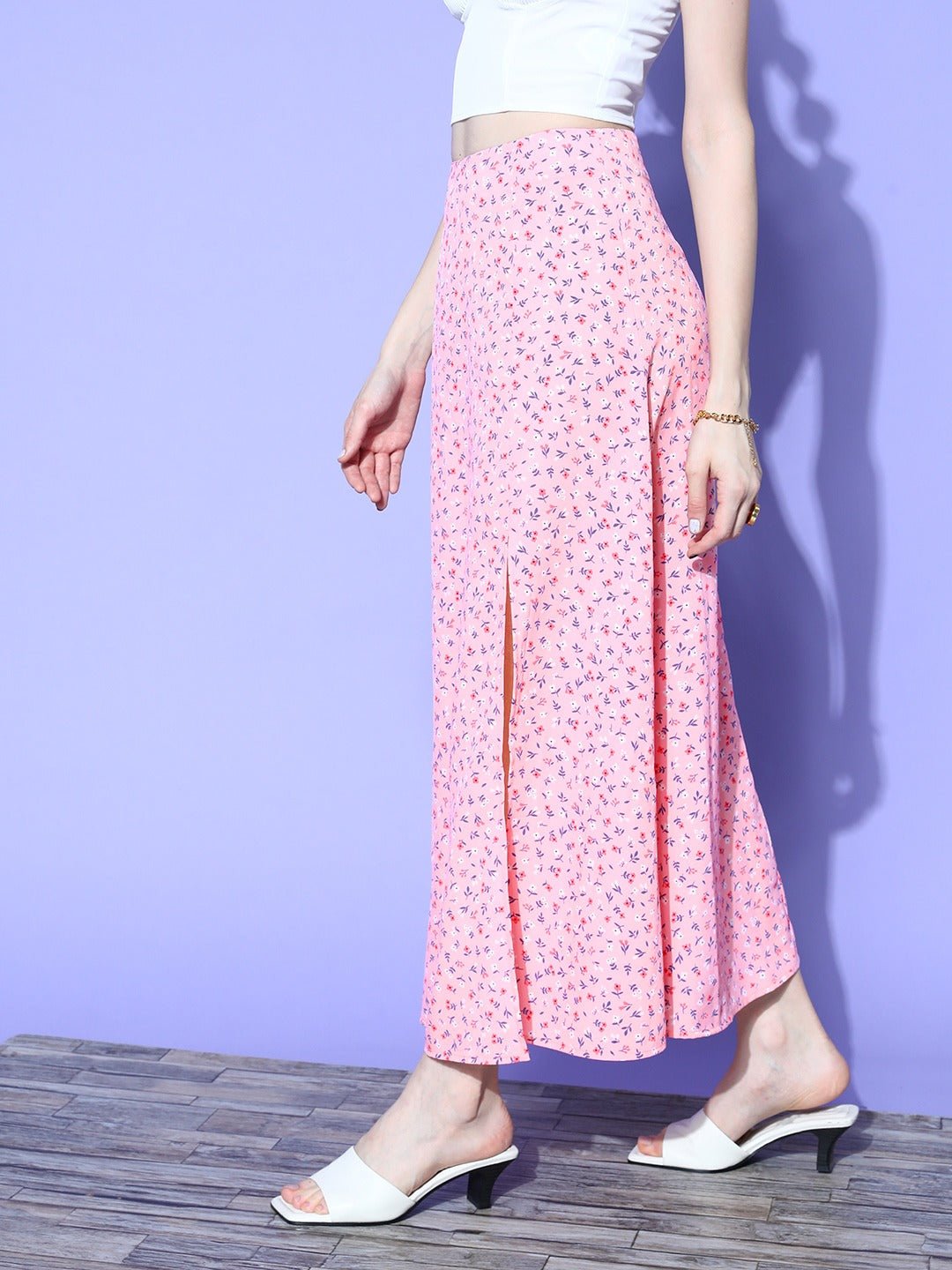 Folk Republic Women Pink Floral Printed High-Rise Waist Side-Slit Flared A-Line Maxi Skirt - #folk republic#