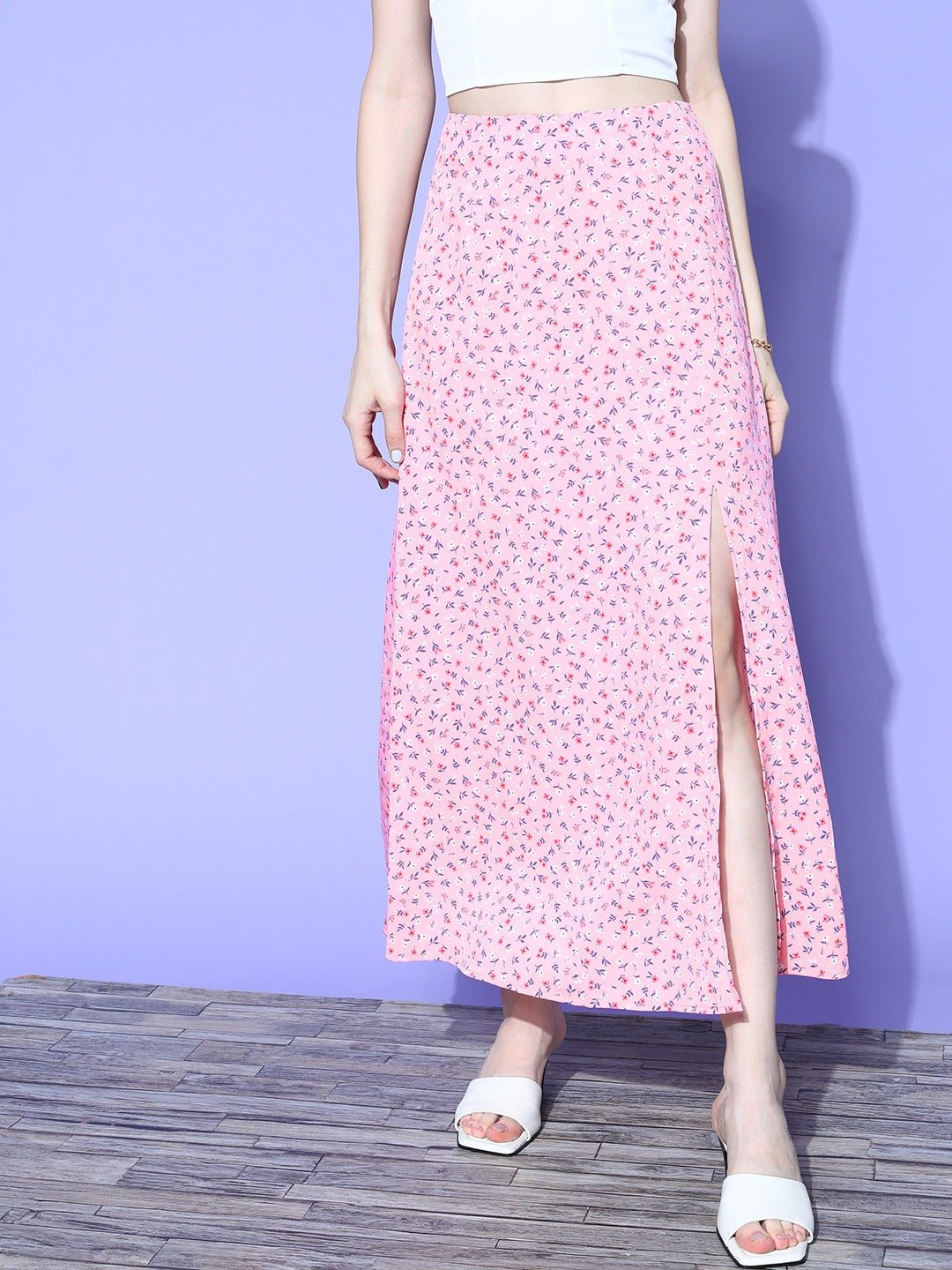 Folk Republic Women Pink Floral Printed High-Rise Waist Side-Slit Flared A-Line Maxi Skirt - #folk republic#