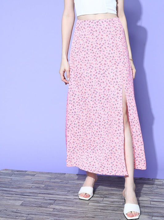 Folk Republic Women Pink Floral Printed High-Rise Waist Side-Slit Flared A-Line Maxi Skirt - #folk republic#