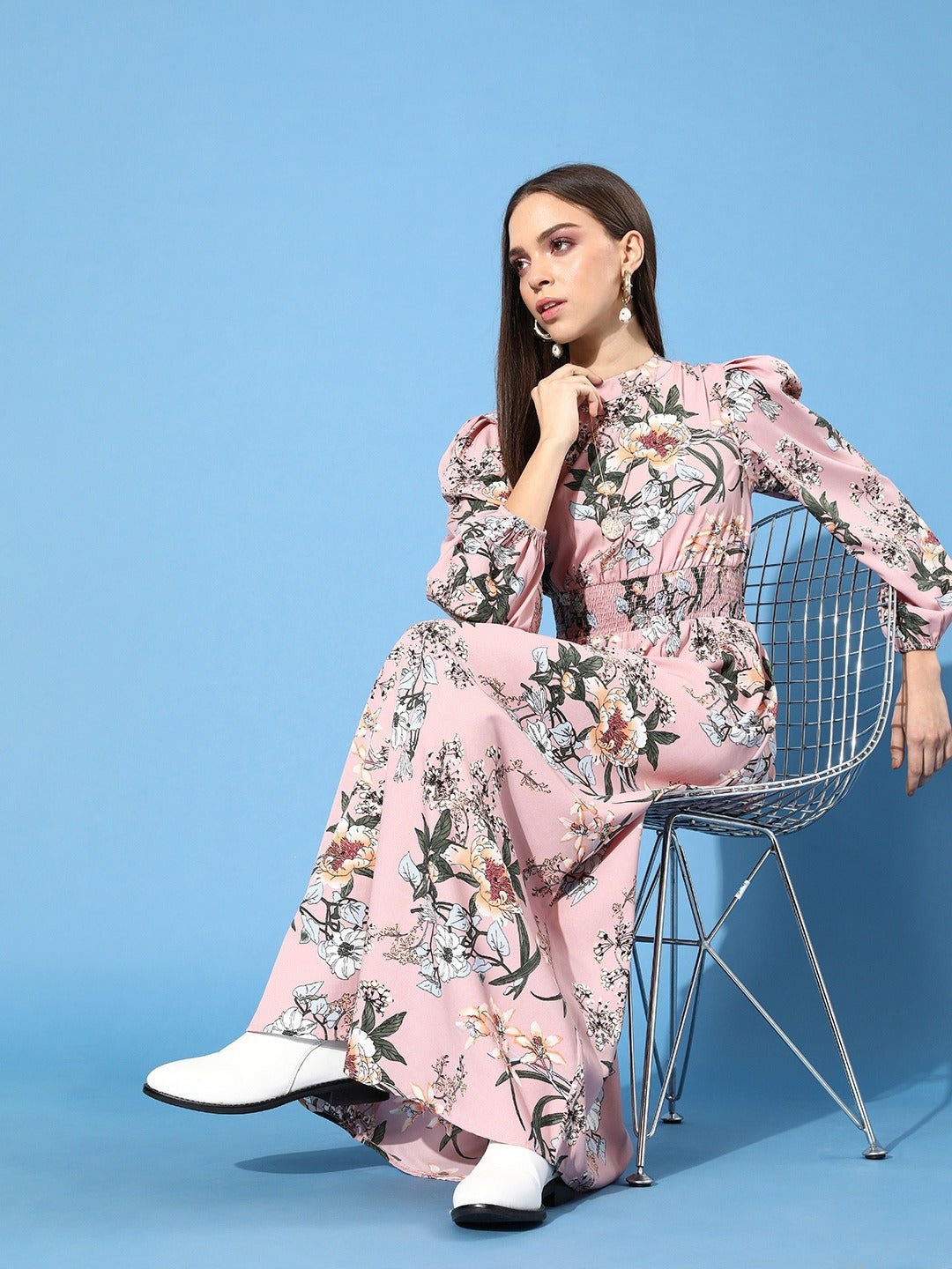 Folk Republic Women Pink Floral Printed Mandarin Collar Crepe Maxi Dress - #folk republic#