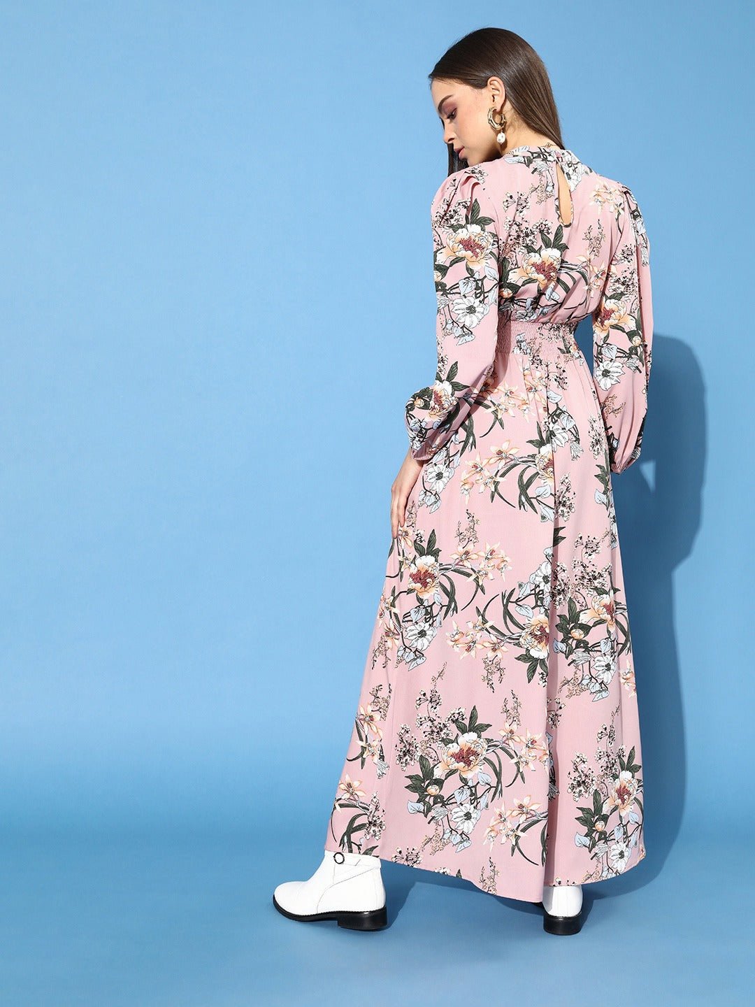 Folk Republic Women Pink Floral Printed Mandarin Collar Crepe Maxi Dress - #folk republic#