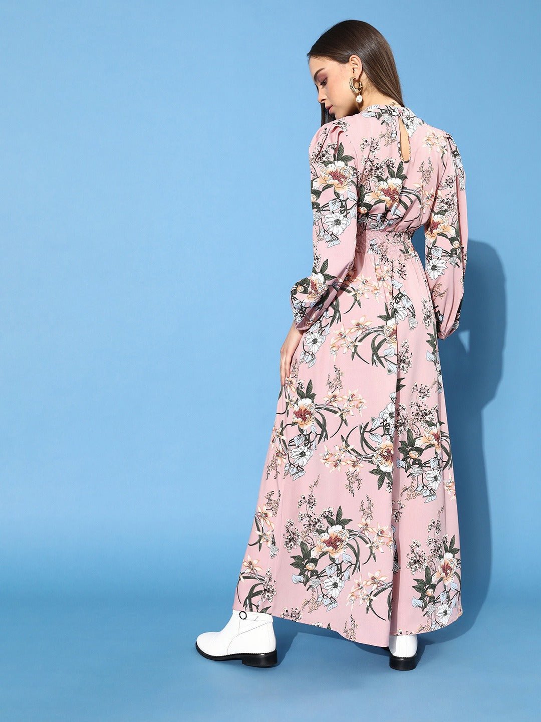 Folk Republic Women Pink Floral Printed Mandarin Collar Crepe Maxi Dress - #folk republic#