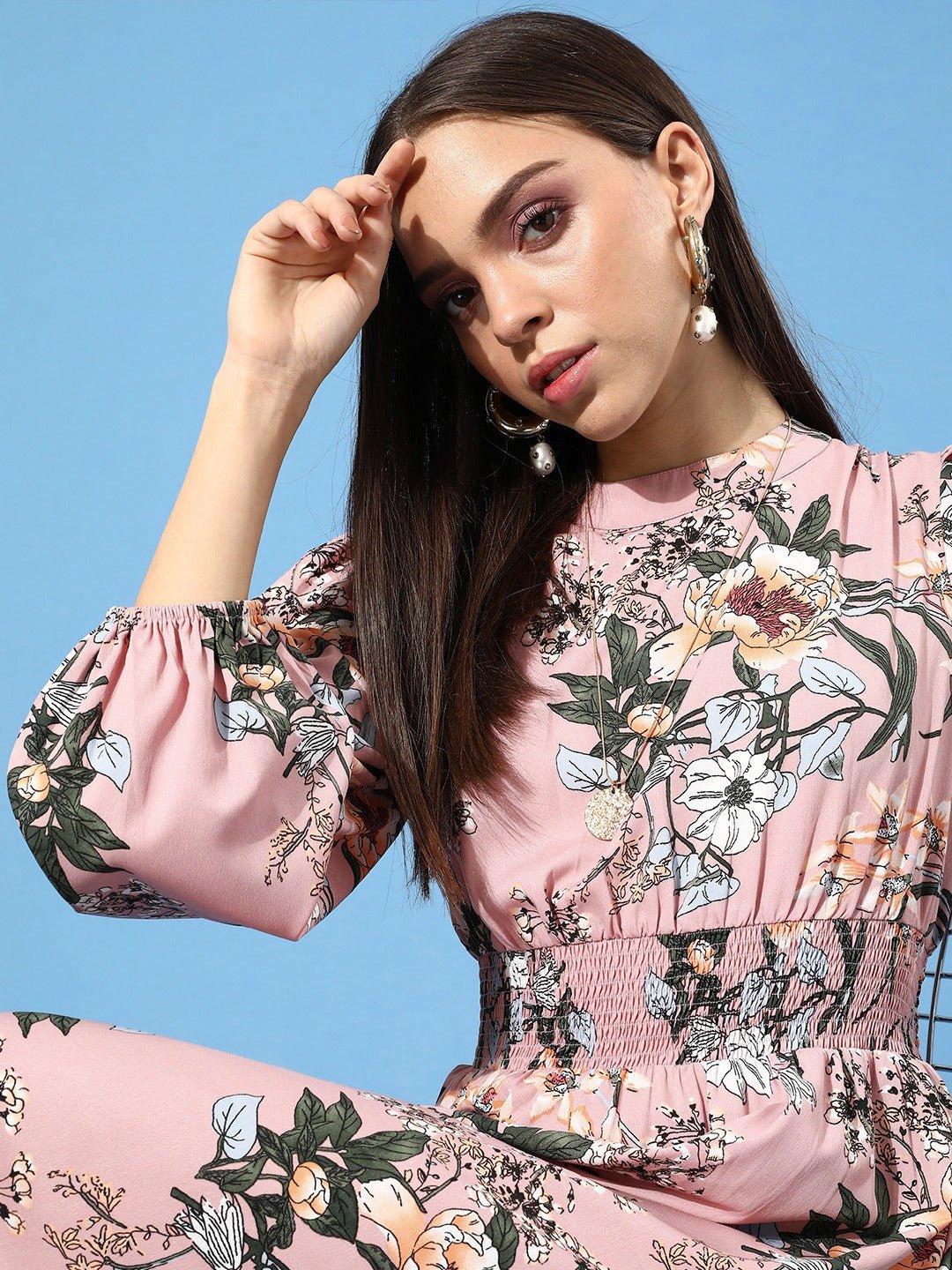 Folk Republic Women Pink Floral Printed Mandarin Collar Crepe Maxi Dress - #folk republic#