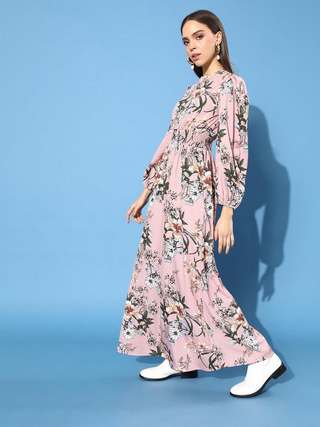 Folk Republic Women Pink Floral Printed Mandarin Collar Crepe Maxi Dress - #folk republic#