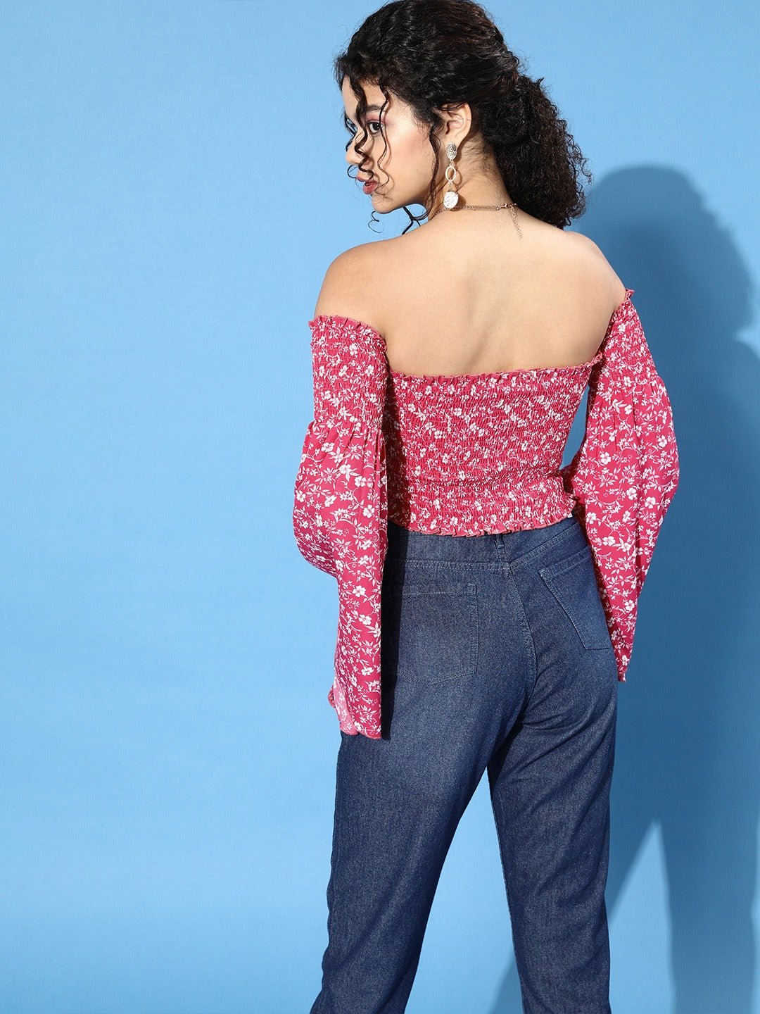 Folk Republic Women Pink Floral Printed Off-Shoulder Crepe Bardot Crop Top - #folk republic#