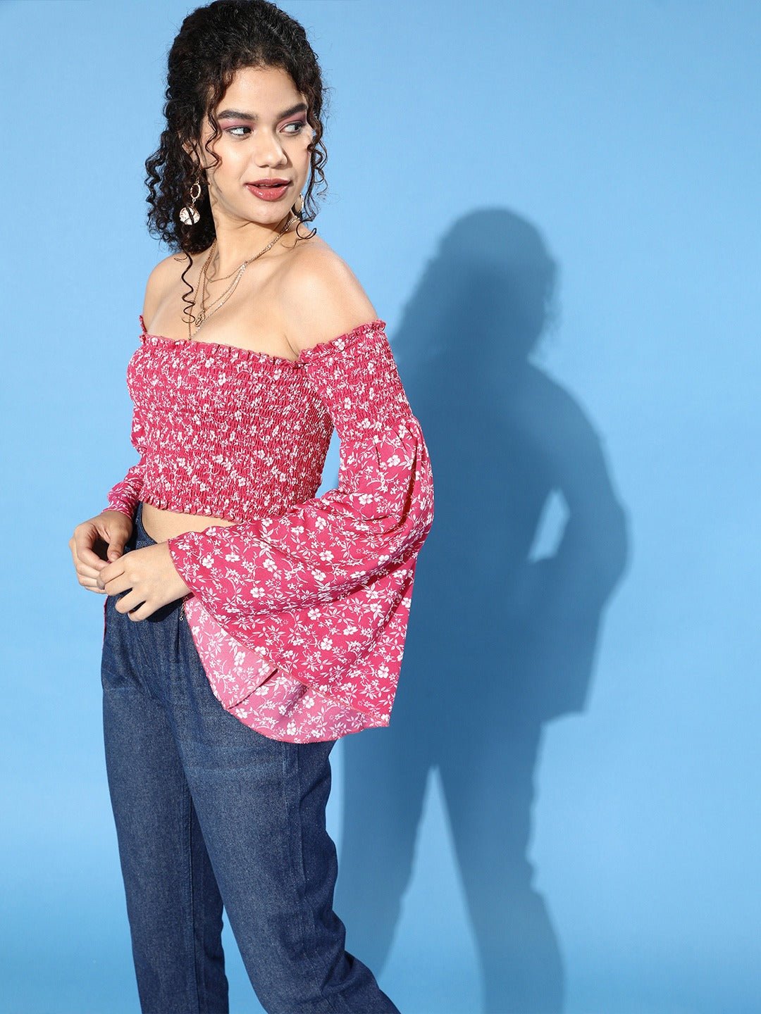 Folk Republic Women Pink Floral Printed Off-Shoulder Crepe Bardot Crop Top - #folk republic#