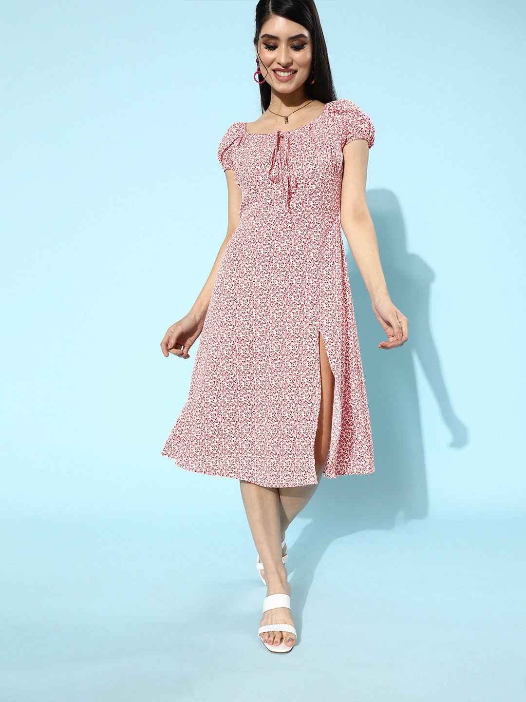 Folk Republic Women Pink Floral Printed Tie-Up Neck A-Line Mini Dress - #folk republic#