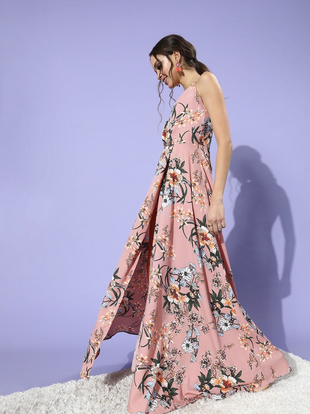 Folk Republic Women Pink Floral Printed V-Neck Crepe A-Line Maxi Dress - #folk republic#