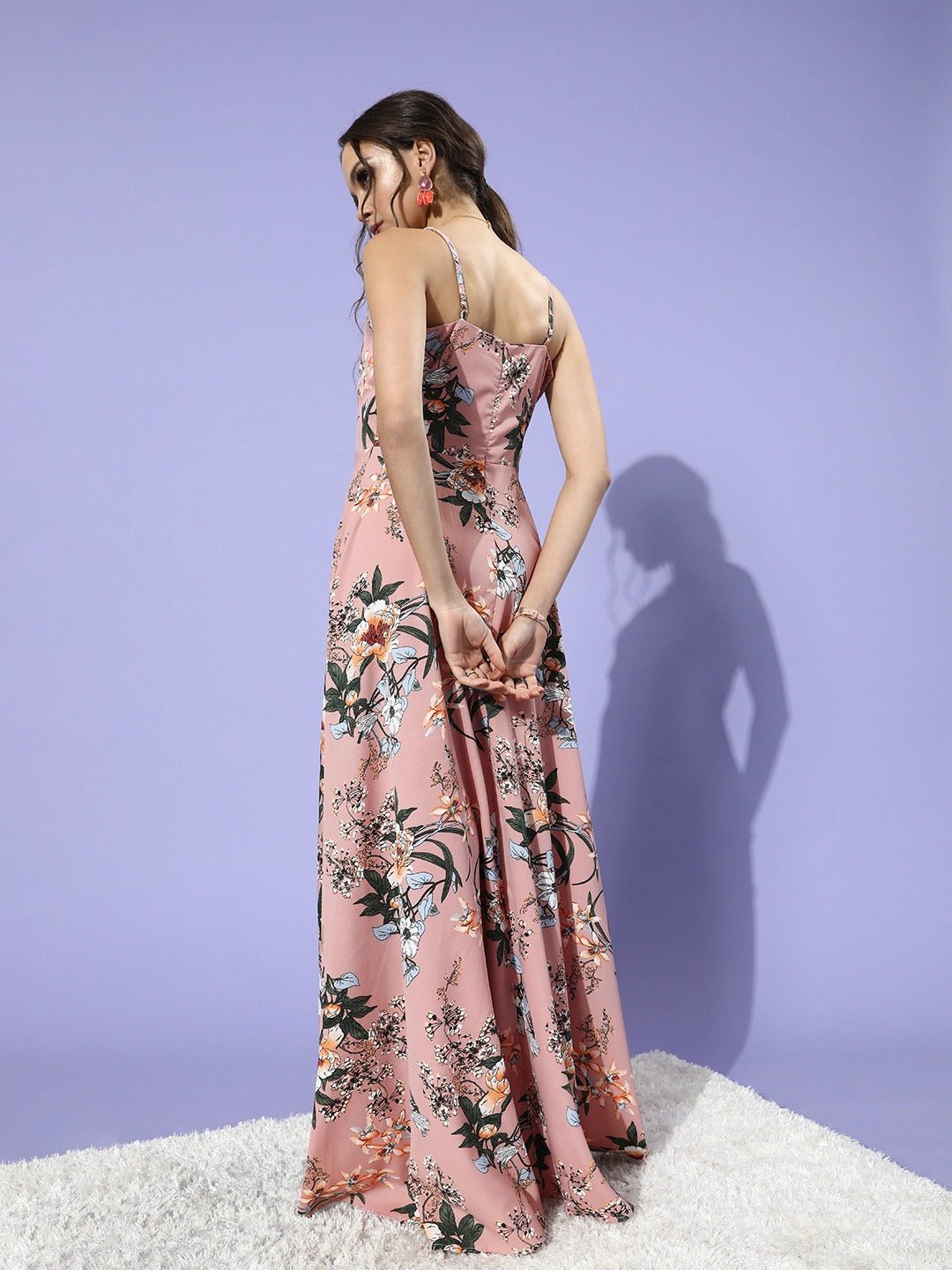 Folk Republic Women Pink Floral Printed V-Neck Crepe A-Line Maxi Dress - #folk republic#