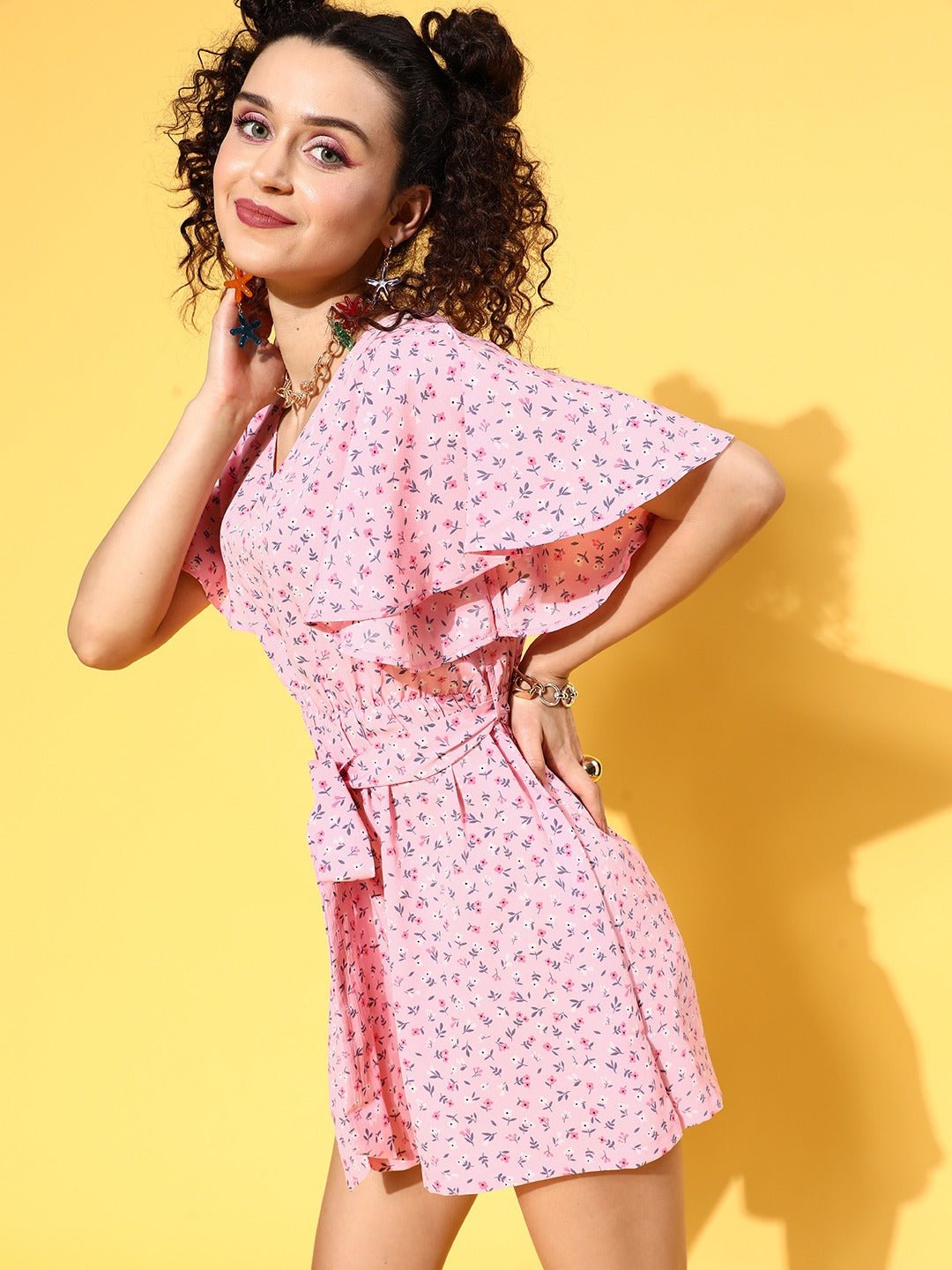 Folk Republic Women Pink Floral Printed V-Neck Waist Tie-Up Ruffled Mini Jumpsuit - #folk republic#