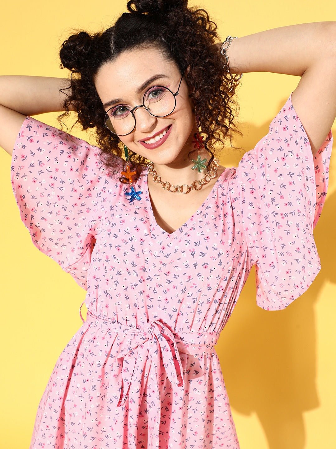 Folk Republic Women Pink Floral Printed V-Neck Waist Tie-Up Ruffled Mini Jumpsuit - #folk republic#
