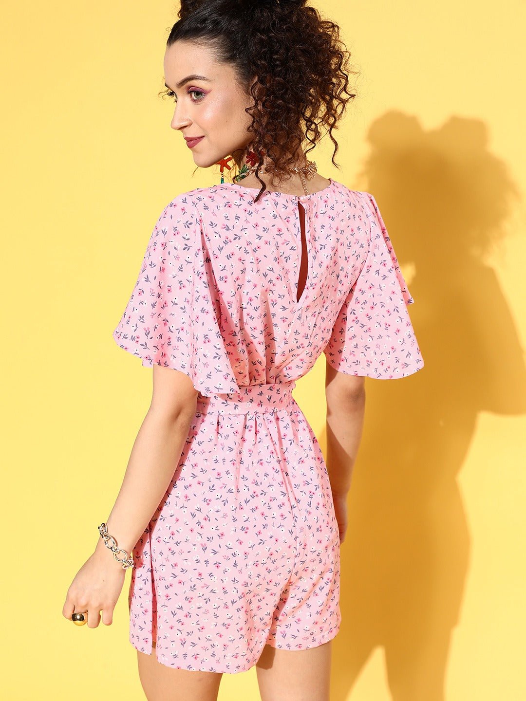 Folk Republic Women Pink Floral Printed V-Neck Waist Tie-Up Ruffled Mini Jumpsuit - #folk republic#