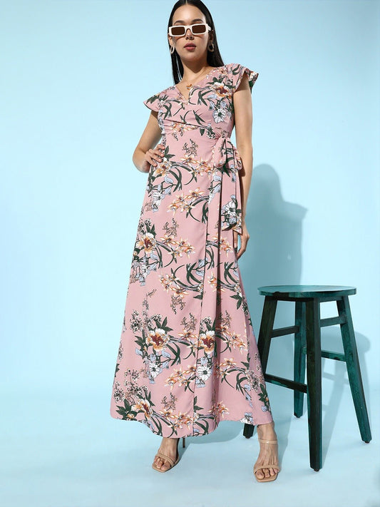 Folk Republic Women Pink Floral Printed V-Neck Wrap Style Maxi Dress - #folk republic#