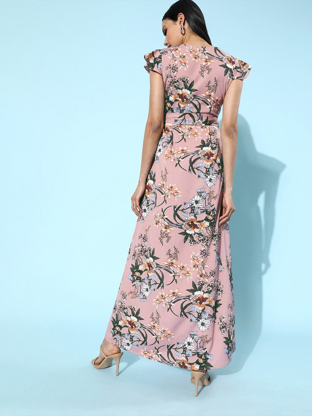 Folk Republic Women Pink Floral Printed V-Neck Wrap Style Maxi Dress - #folk republic#