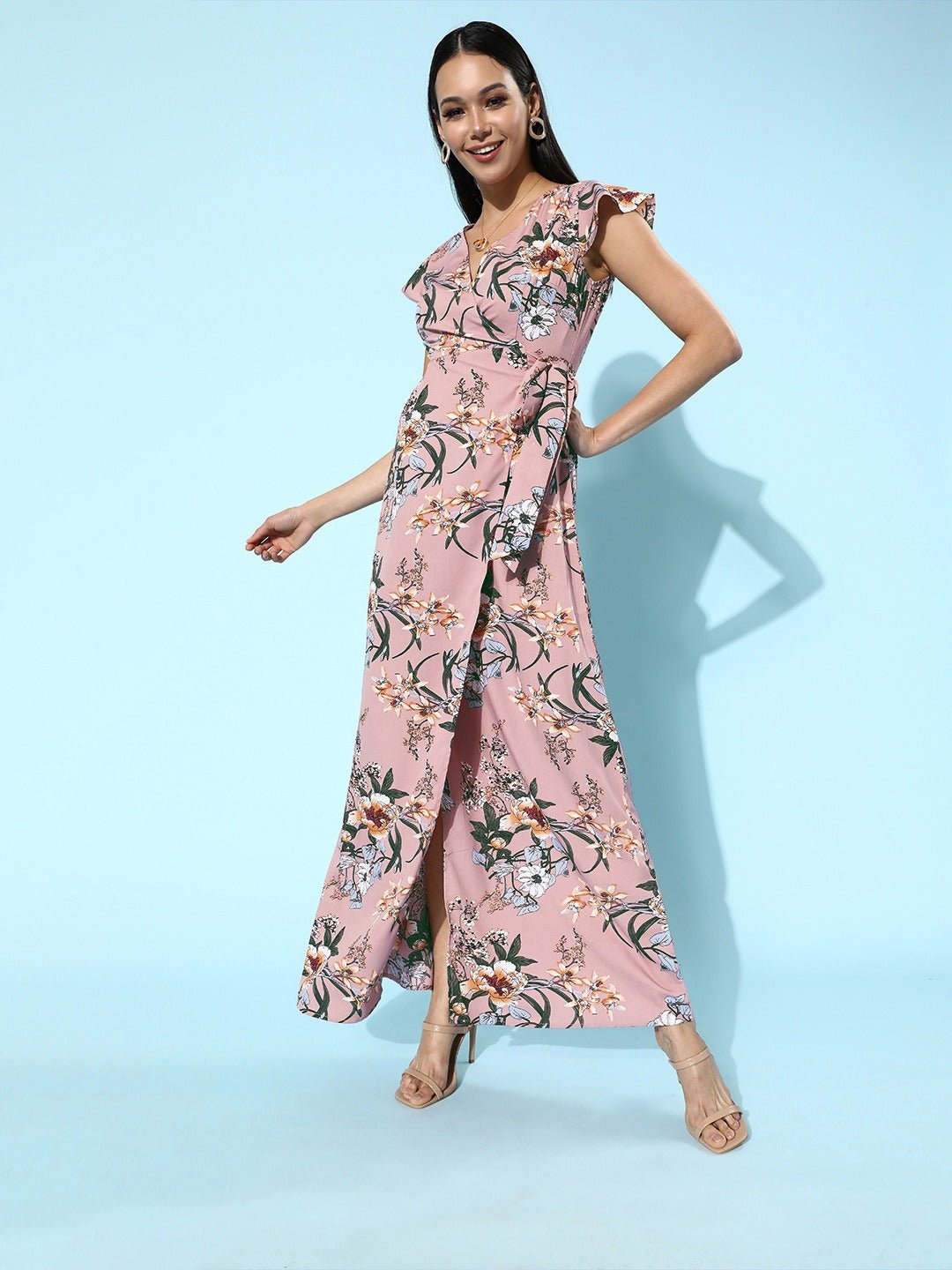 Folk Republic Women Pink Floral Printed V-Neck Wrap Style Maxi Dress - #folk republic#