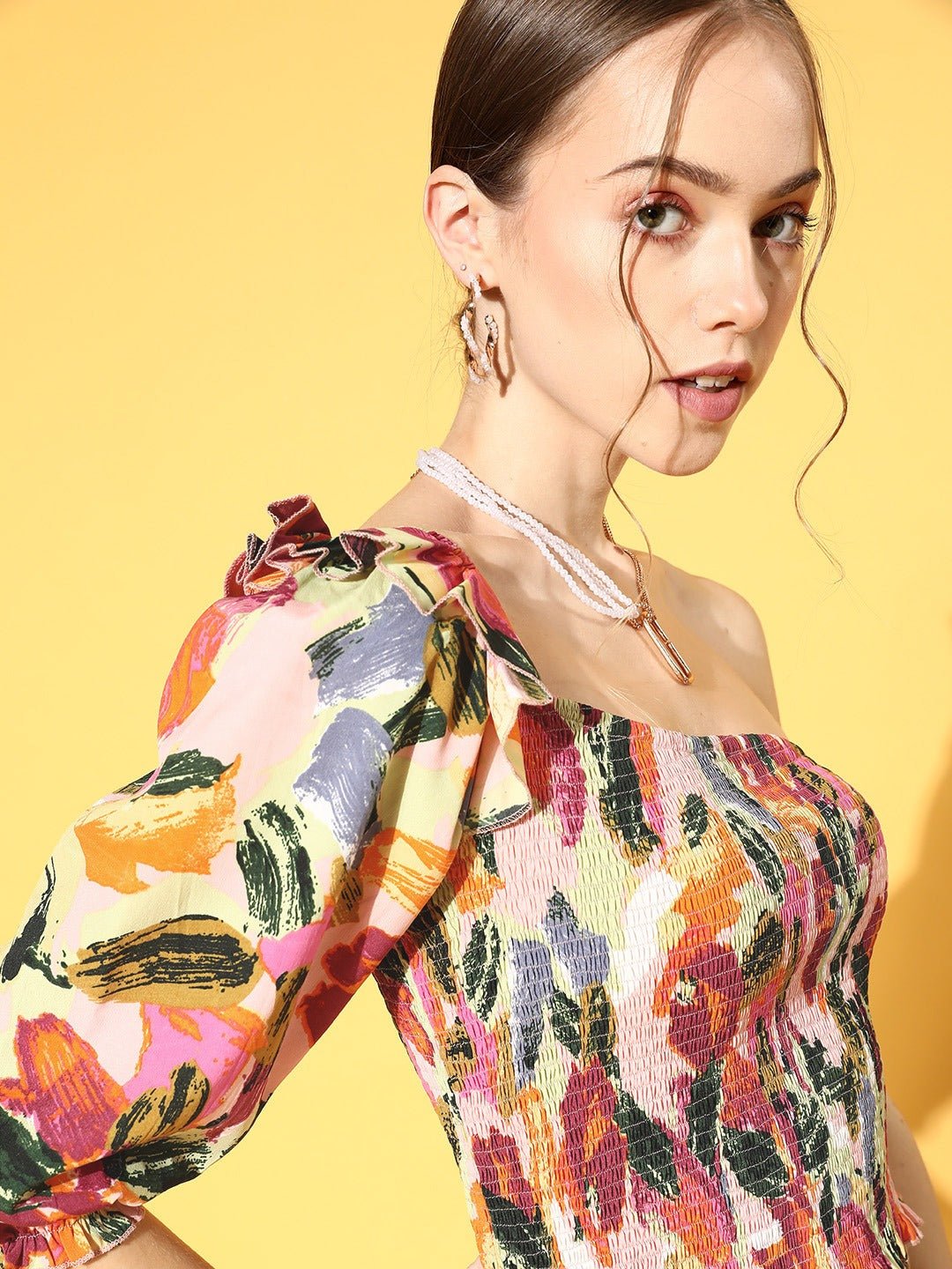 Folk Republic Women Pink & Green Brushstroke Printed One-Shoulder Neck Smocked Bohemian Top - #folk republic#
