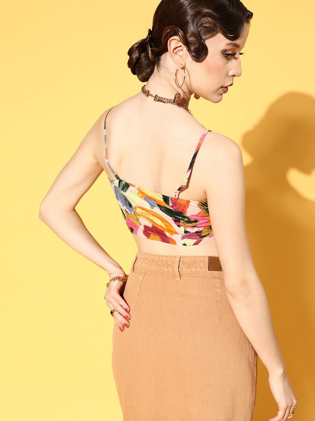 Folk Republic Women Pink & Green Brushstroke Printed Square Neck Crepe Cropped Top - #folk republic#