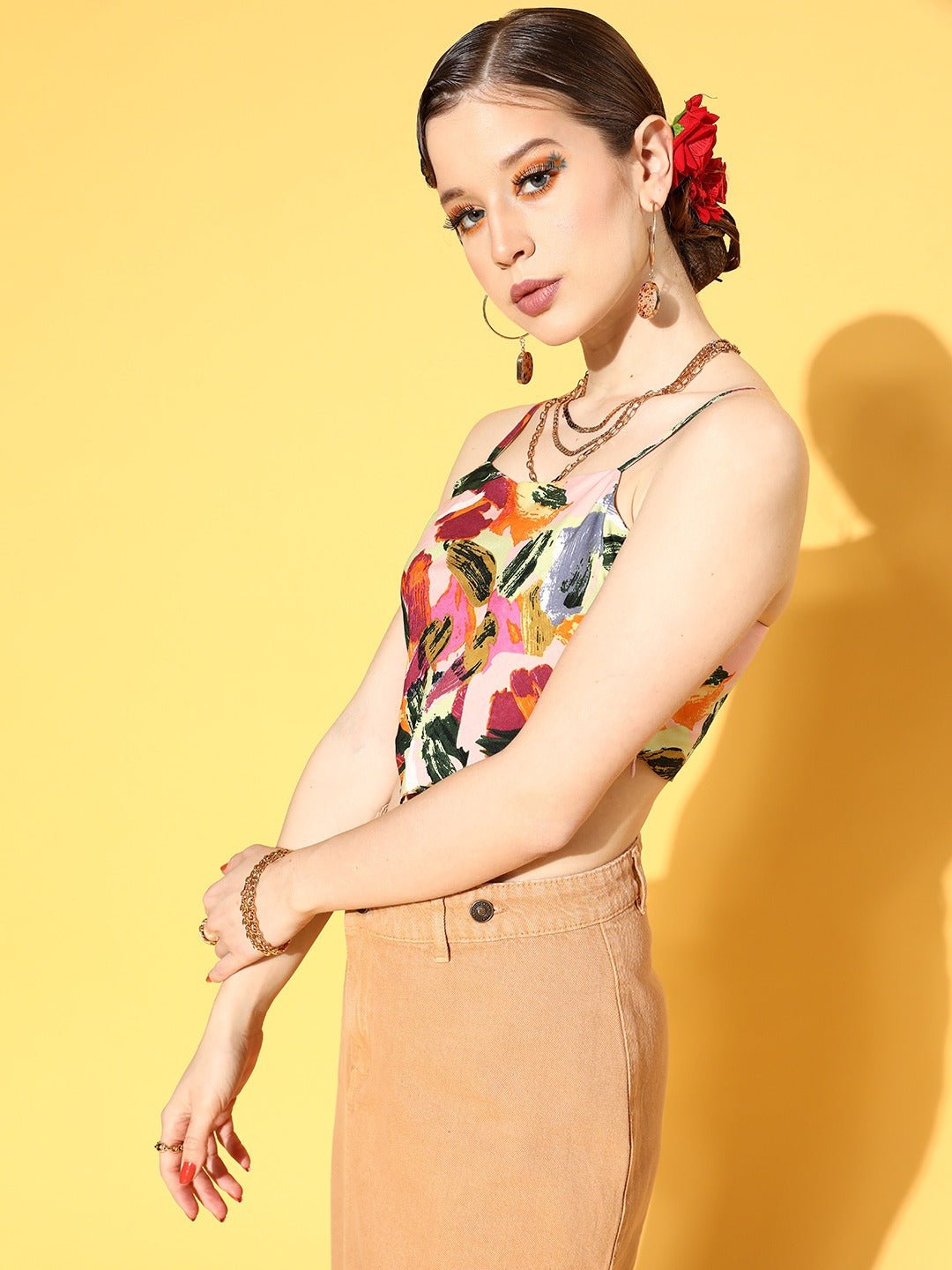 Folk Republic Women Pink & Green Brushstroke Printed Square Neck Crepe Cropped Top - #folk republic#
