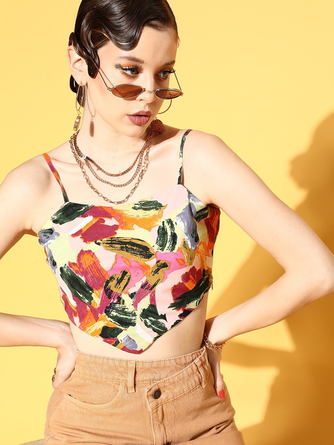 Folk Republic Women Pink & Green Brushstroke Printed Square Neck Crepe Cropped Top - #folk republic#