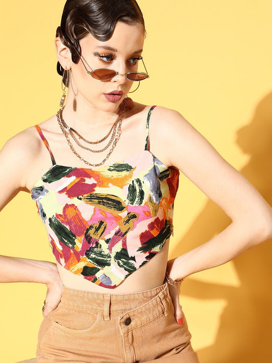 Folk Republic Women Pink & Green Brushstroke Printed Square Neck Crepe Cropped Top - #folk republic#