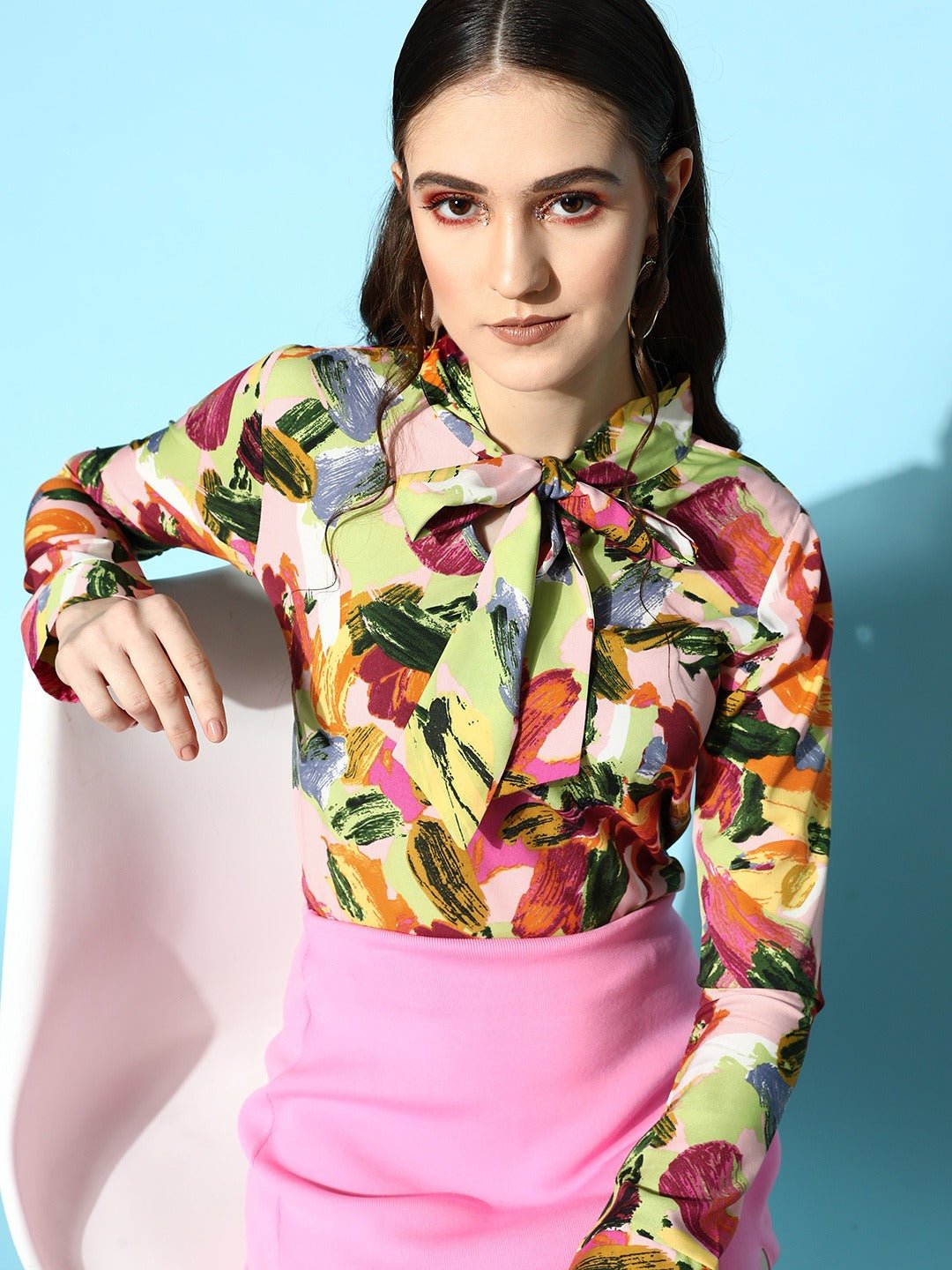 Folk Republic Women Pink & Green Brushstroke Printed Tie-Up Neck Crepe Regular Top - #folk republic#