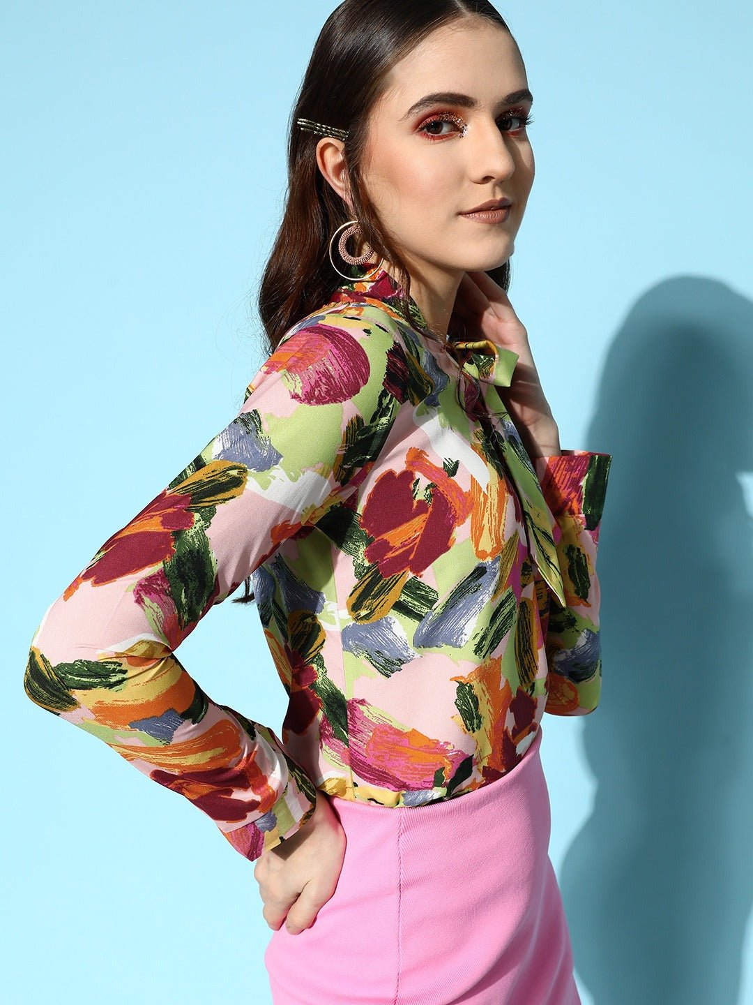 Folk Republic Women Pink & Green Brushstroke Printed Tie-Up Neck Crepe Regular Top - #folk republic#