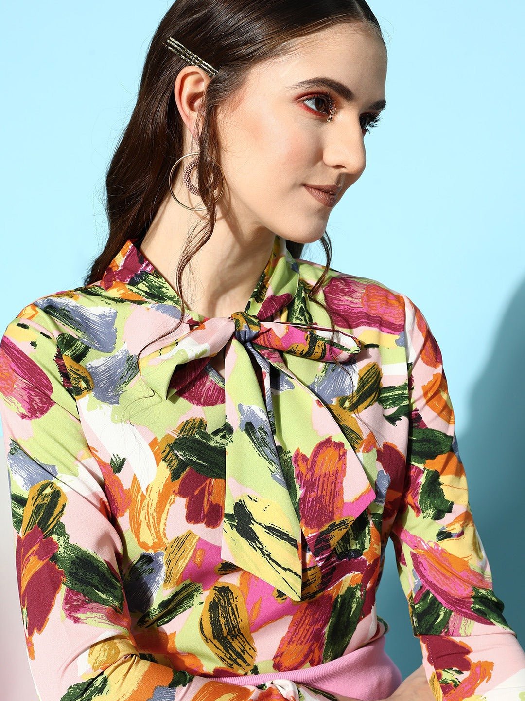Folk Republic Women Pink & Green Brushstroke Printed Tie-Up Neck Crepe Regular Top - #folk republic#