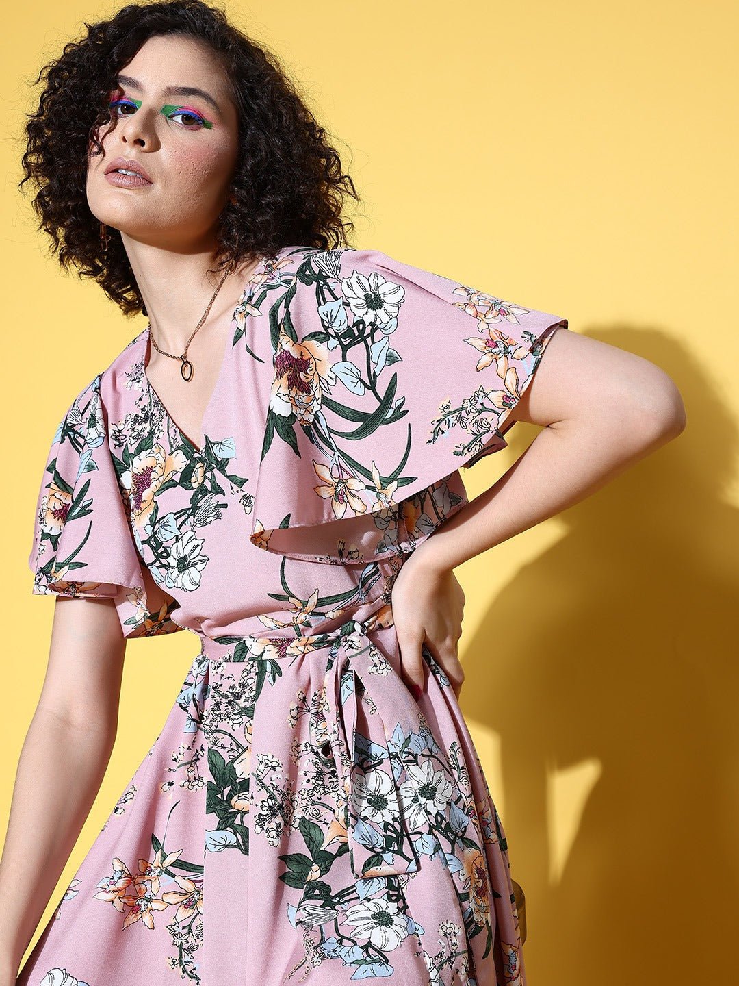 Folk Republic Women Pink & Green Floral Printed V-Neck Waist Tie-Up Thigh-High Slit Pleated A-Line Midi Dress - #folk republic#