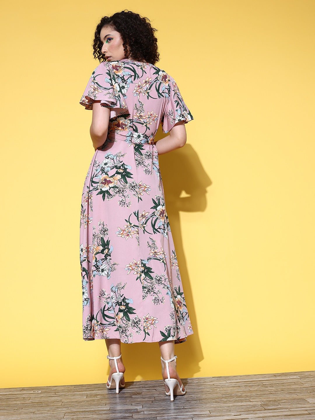Folk Republic Women Pink & Green Floral Printed V-Neck Waist Tie-Up Thigh-High Slit Pleated A-Line Midi Dress - #folk republic#