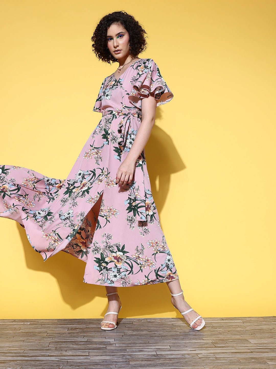 Folk Republic Women Pink & Green Floral Printed V-Neck Waist Tie-Up Thigh-High Slit Pleated A-Line Midi Dress - #folk republic#