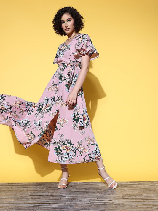 Folk Republic Women Pink & Green Floral Printed V-Neck Waist Tie-Up Thigh-High Slit Pleated A-Line Midi Dress - #folk republic#