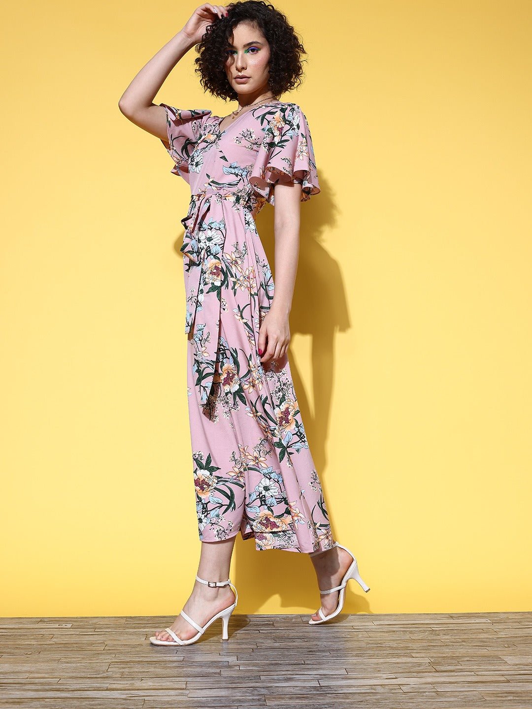 Folk Republic Women Pink & Green Floral Printed V-Neck Waist Tie-Up Thigh-High Slit Pleated A-Line Midi Dress - #folk republic#