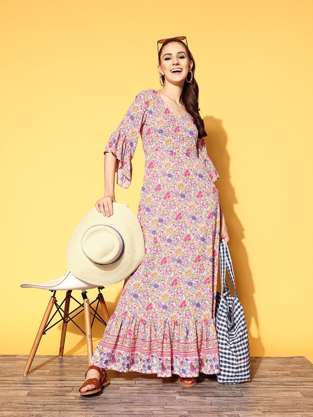 Folk Republic Women Pink & Lavender Floral Printed V-Neck Three-Quarter Sleeve Crepe Ruffled Maxi Dress - #folk republic#