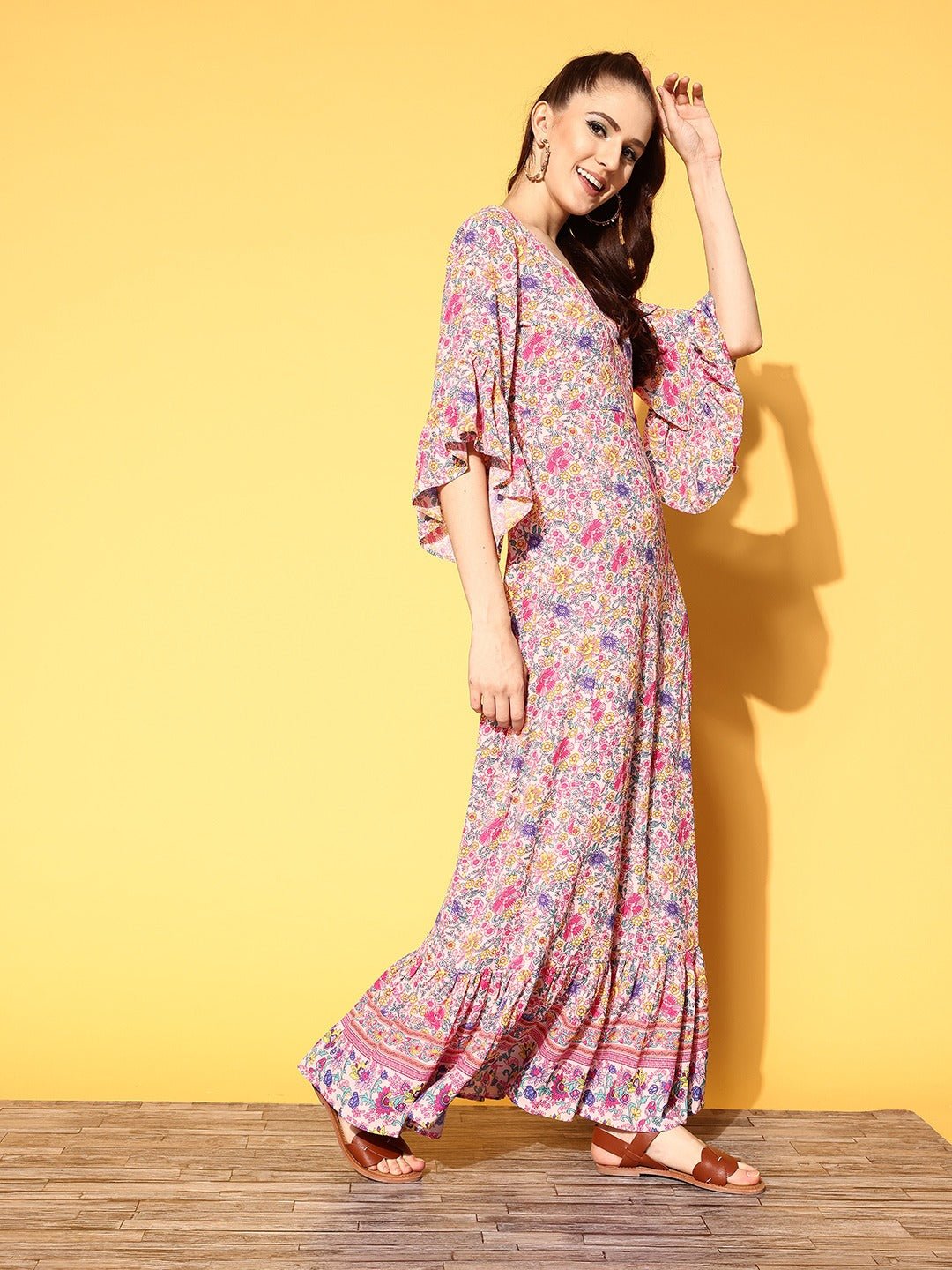 Folk Republic Women Pink & Lavender Floral Printed V-Neck Three-Quarter Sleeve Crepe Ruffled Maxi Dress - #folk republic#