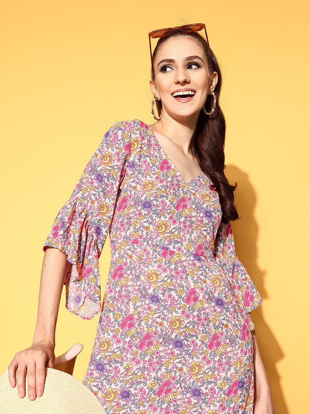 Folk Republic Women Pink & Lavender Floral Printed V-Neck Three-Quarter Sleeve Crepe Ruffled Maxi Dress - #folk republic#
