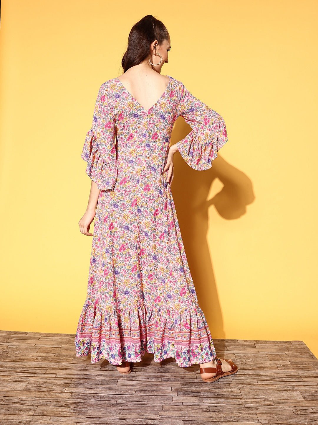Folk Republic Women Pink & Lavender Floral Printed V-Neck Three-Quarter Sleeve Crepe Ruffled Maxi Dress - #folk republic#