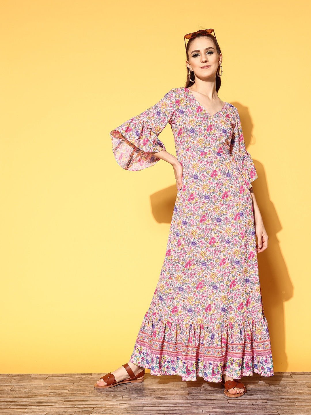 Folk Republic Women Pink & Lavender Floral Printed V-Neck Three-Quarter Sleeve Crepe Ruffled Maxi Dress - #folk republic#