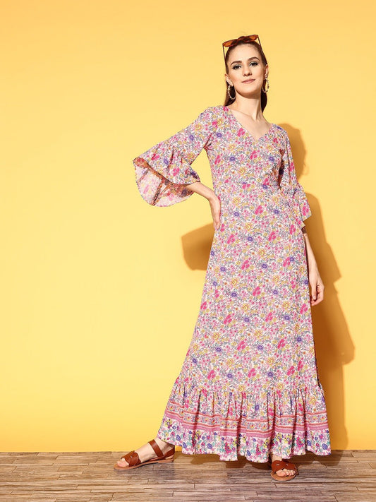 Folk Republic Women Pink & Lavender Floral Printed V-Neck Three-Quarter Sleeve Crepe Ruffled Maxi Dress - #folk republic#