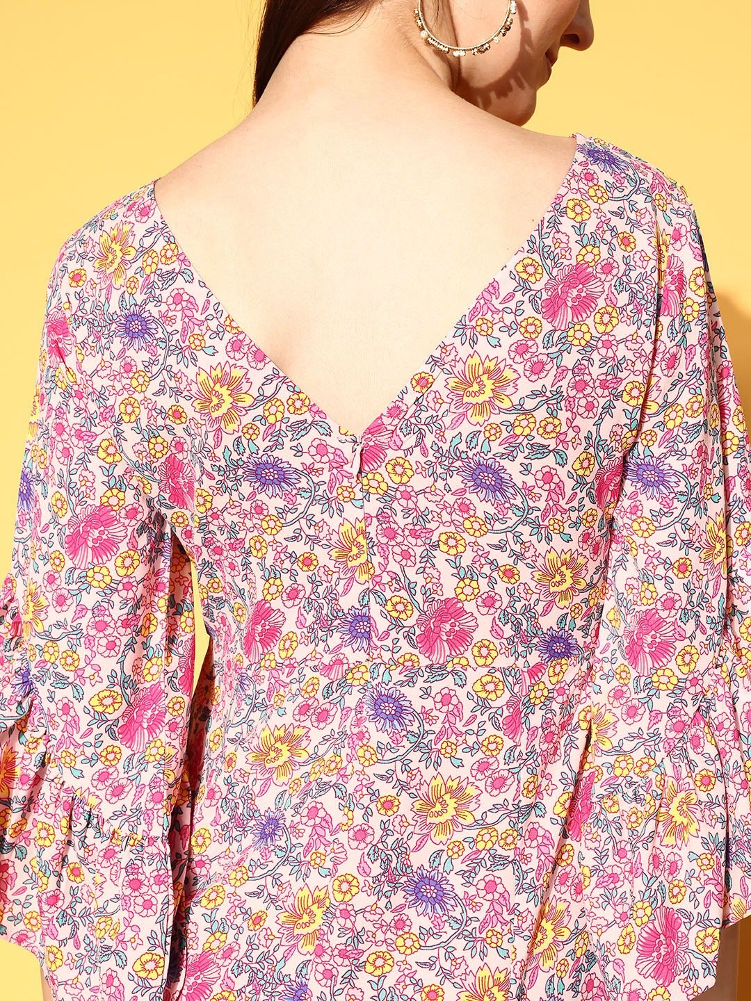 Folk Republic Women Pink & Lavender Floral Printed V-Neck Three-Quarter Sleeve Crepe Ruffled Maxi Dress - #folk republic#