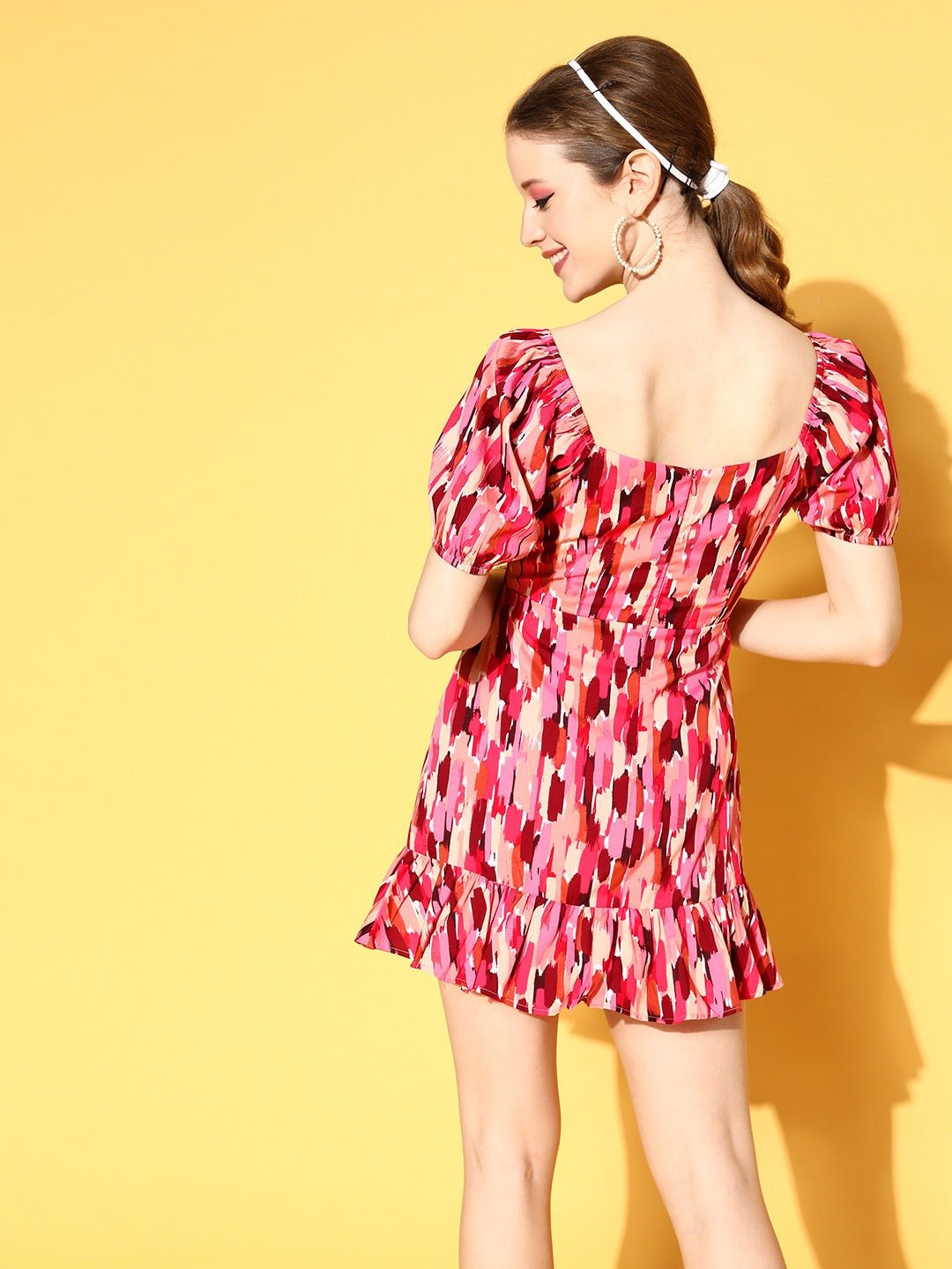 Folk Republic Women Pink & Maroon Abstract Printed Sweetheart Neck Ruffled A-Line Mini Dress - #folk republic#