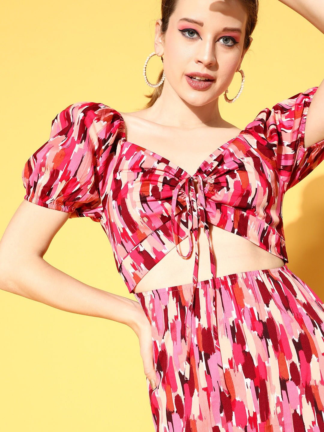 Folk Republic Women Pink & Maroon Abstract Printed Sweetheart Neck Ruffled A-Line Mini Dress - #folk republic#